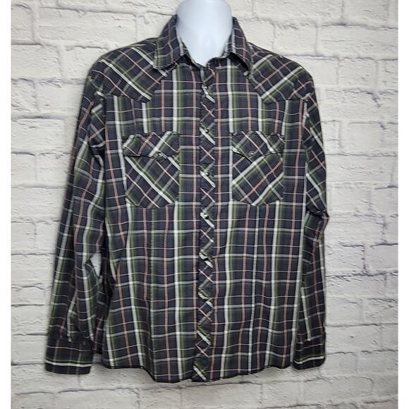 Wrangler Shirt Mens Size Large Plaid Button Down Black Pearl Snaps Long Sleeve - Picture 1 of 13